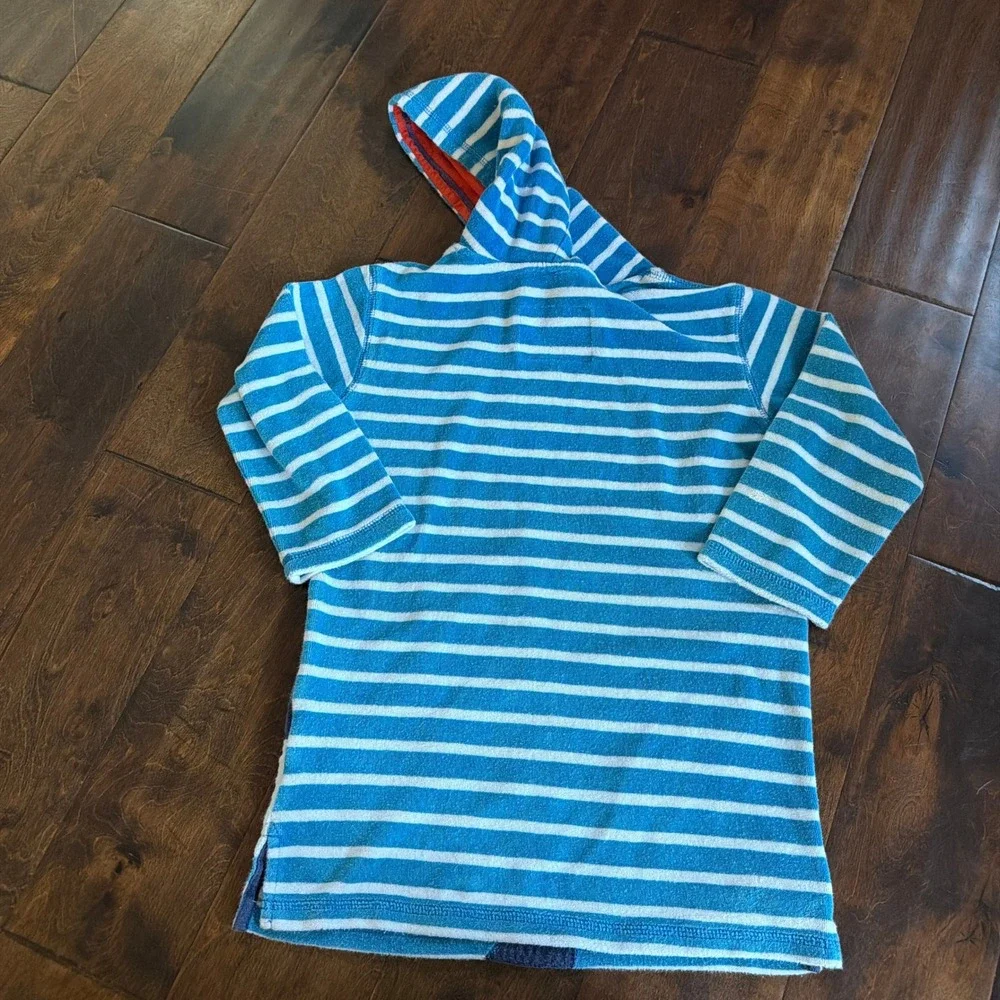 Mini Boden Kids Blue Striped Shark Whale Terry Cloth Hooded Beach Cover Up 5-6Y